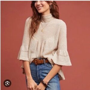 Feather Bone By Anthropologie Merino Wool Mock Neck Bell Sleeves Sweater